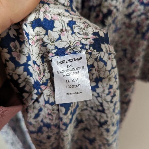 Zadig & Voltaire blue white Begonia floral silk Relic black lace trim maxi dress - Picture 4 of 7